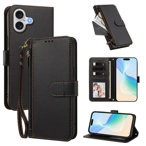 For iPhone 17 Case 4 Card Slots Wallet Stand PU Leather Phone Cover with Wrist Strap - Black - 1