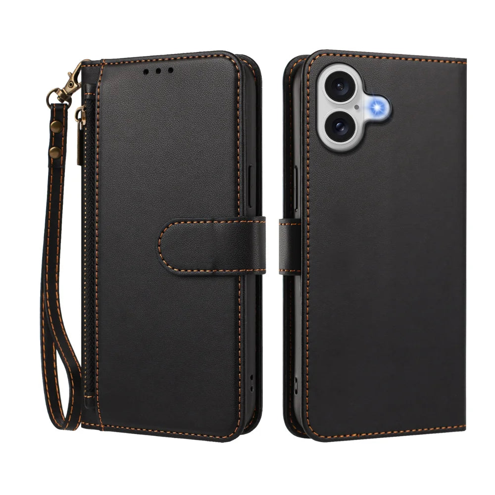 For iPhone 17 Case 4 Card Slots Wallet Stand PU Leather Phone Cover with Wrist Strap - Black - 2