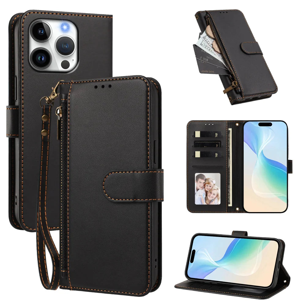 For iPhone 16 Pro Case 4 Card Slots Wallet Stand PU Leather Phone Cover with Wrist Strap - Black - 1