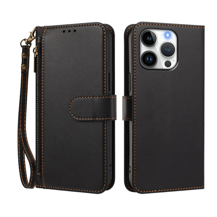 For iPhone 16 Pro Case 4 Card Slots Wallet Stand PU Leather Phone Cover with Wrist Strap - Black - 2