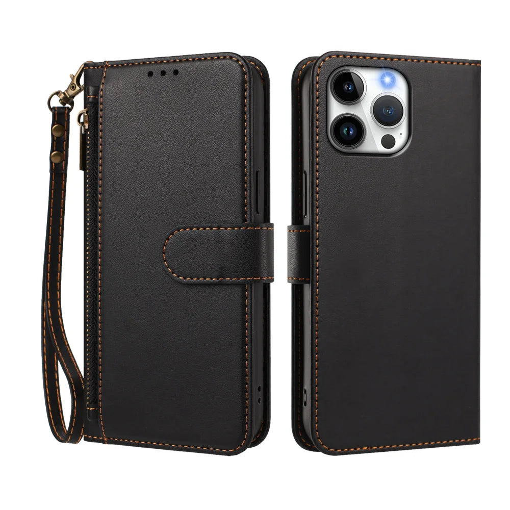 For iPhone 16 Pro Max Case 4 Card Slots Wallet Stand PU Leather Phone Cover with Wrist Strap - Black - 2