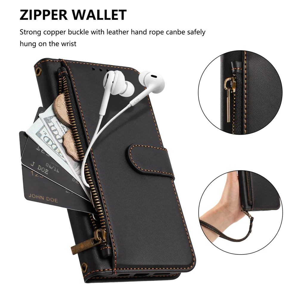 For iPhone 16 Pro Max Case 4 Card Slots Wallet Stand PU Leather Phone Cover with Wrist Strap - Black - 5