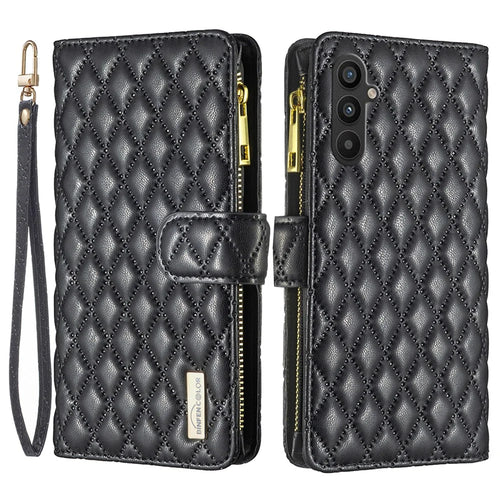 BINFEN COLOR BF Style-15 for Samsung Galaxy A34 5G Imprinted Rhombus Pattern PU Leather Case Folio Magnetic Wallet Stand Zipper Pocket Phone Cover with Strap - Black - 1