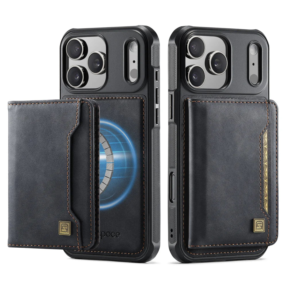 AUTSPACE for iPhone 17 Pro Case  A13 Vintage Leather Back Cover with Magnetic Detachable Card Bag - Black - 1