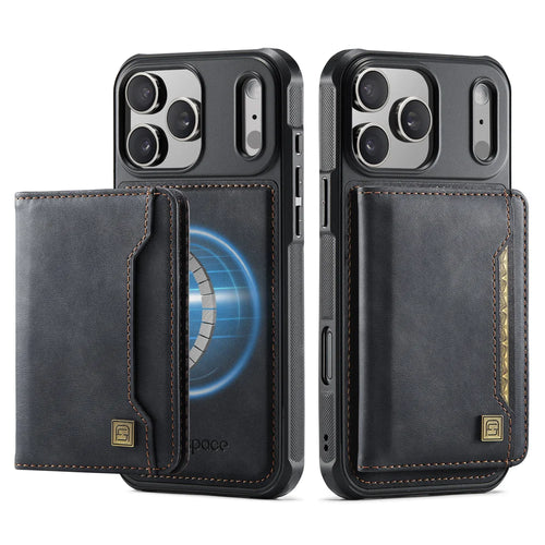 AUTSPACE for iPhone 17 Pro Case  A13 Vintage Leather Back Cover with Magnetic Detachable Card Bag - Black - 1