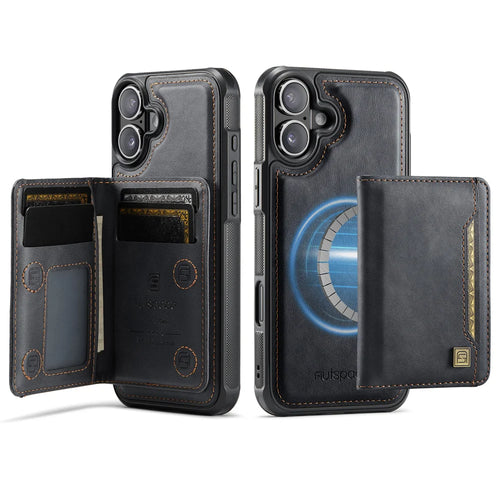 AUTSPACE for iPhone 17 Case  A13 Vintage Leather Back Cover with Magnetic Detachable Card Bag - Black - 1