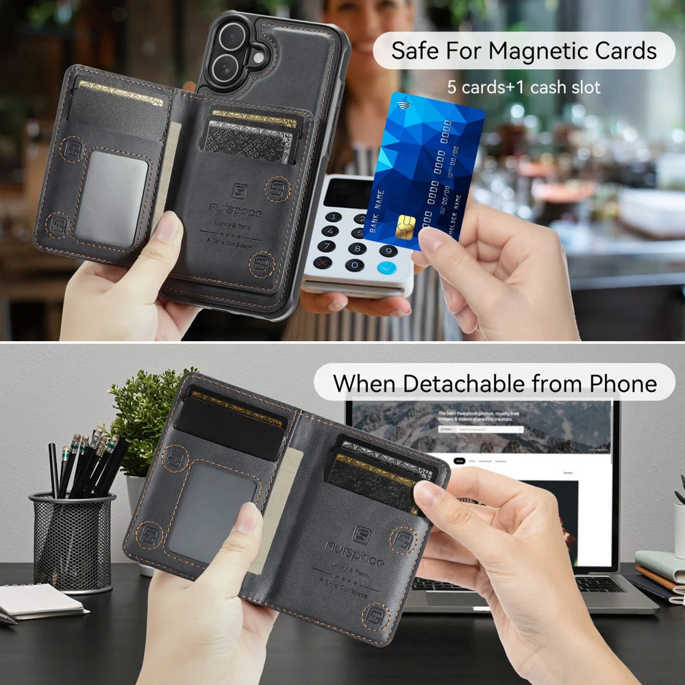 AUTSPACE for iPhone 17 Case  A13 Vintage Leather Back Cover with Magnetic Detachable Card Bag - Black - 3
