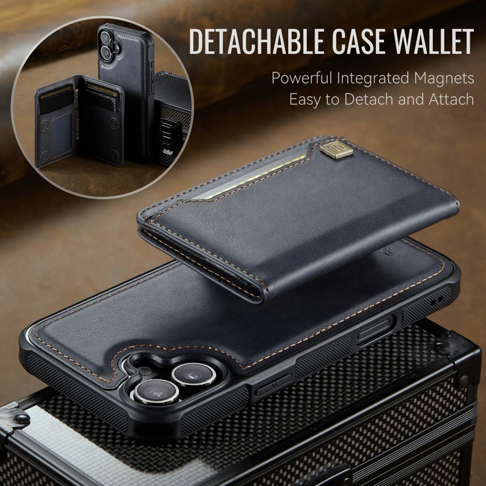 AUTSPACE for iPhone 17 Case  A13 Vintage Leather Back Cover with Magnetic Detachable Card Bag - Black - 7