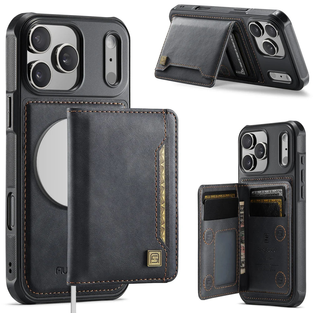 AUTSPACE for iPhone 17 Pro Max Case  A13 Vintage Leather Back Cover with Magnetic Detachable Card Bag - Black - 1