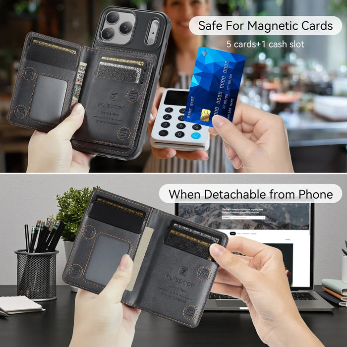 AUTSPACE for iPhone 17 Pro Max Case  A13 Vintage Leather Back Cover with Magnetic Detachable Card Bag - Black - 3