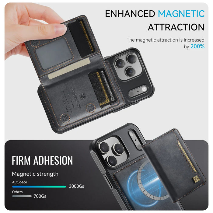 AUTSPACE for iPhone 17 Pro Max Case  A13 Vintage Leather Back Cover with Magnetic Detachable Card Bag - Black - 4