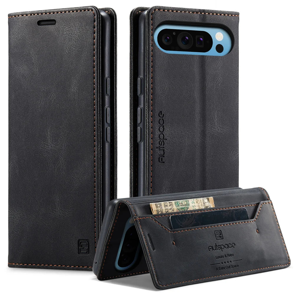 AUTSPACE for Google Pixel 10 Pro XL Wallet Case  A01 Leather Stand Cover with RFID Blocking Card Holder - Black - 1