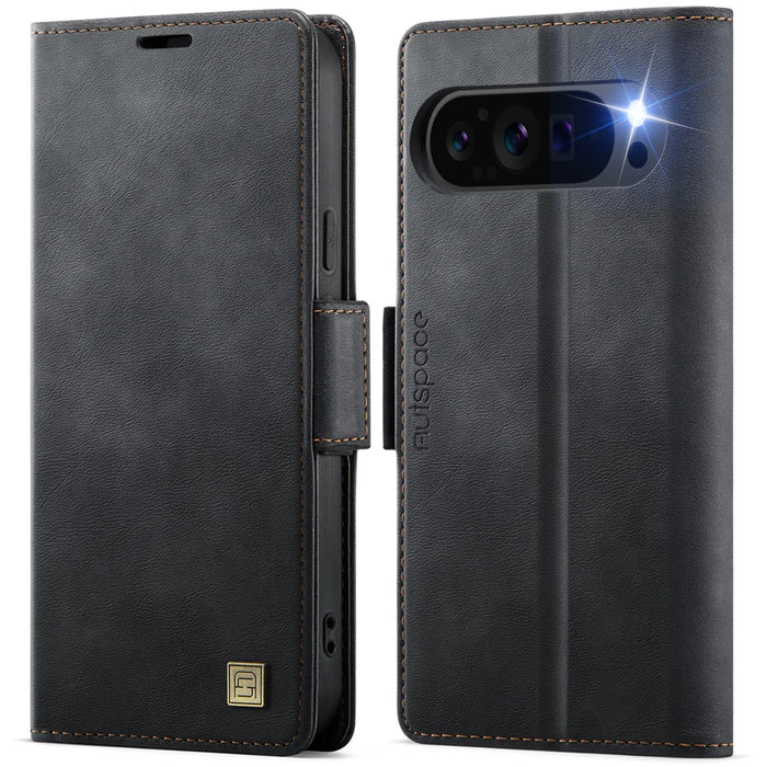 AUTSPACE for Google Pixel 10 Pro / Google Pixel 10 A11 Case RFID Blocking Retro Leather Cell Phone Wallet Cover - Black - 1