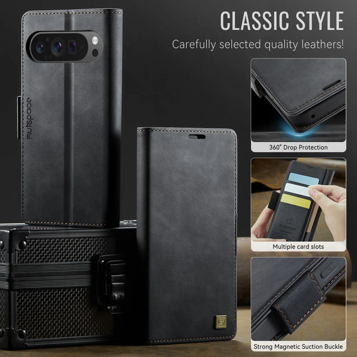 AUTSPACE for Google Pixel 10 Pro / Google Pixel 10 A11 Case RFID Blocking Retro Leather Cell Phone Wallet Cover - Black - 3