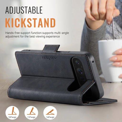 AUTSPACE for Google Pixel 10 Pro XL A11 Case RFID Blocking Retro Leather Cell Phone Wallet Cover - Black - 2