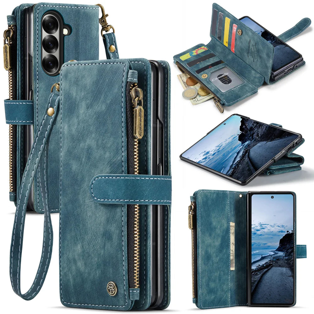 CASEME for Samsung Galaxy Z Fold8 Ultra C30 Phone Cases with Strap Zipper Multiple Card Holder PU Leather Cover - Blue - 1
