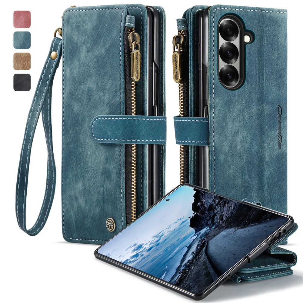 CASEME for Samsung Galaxy Z Fold8 Ultra C30 Phone Cases with Strap Zipper Multiple Card Holder PU Leather Cover - Blue - 2