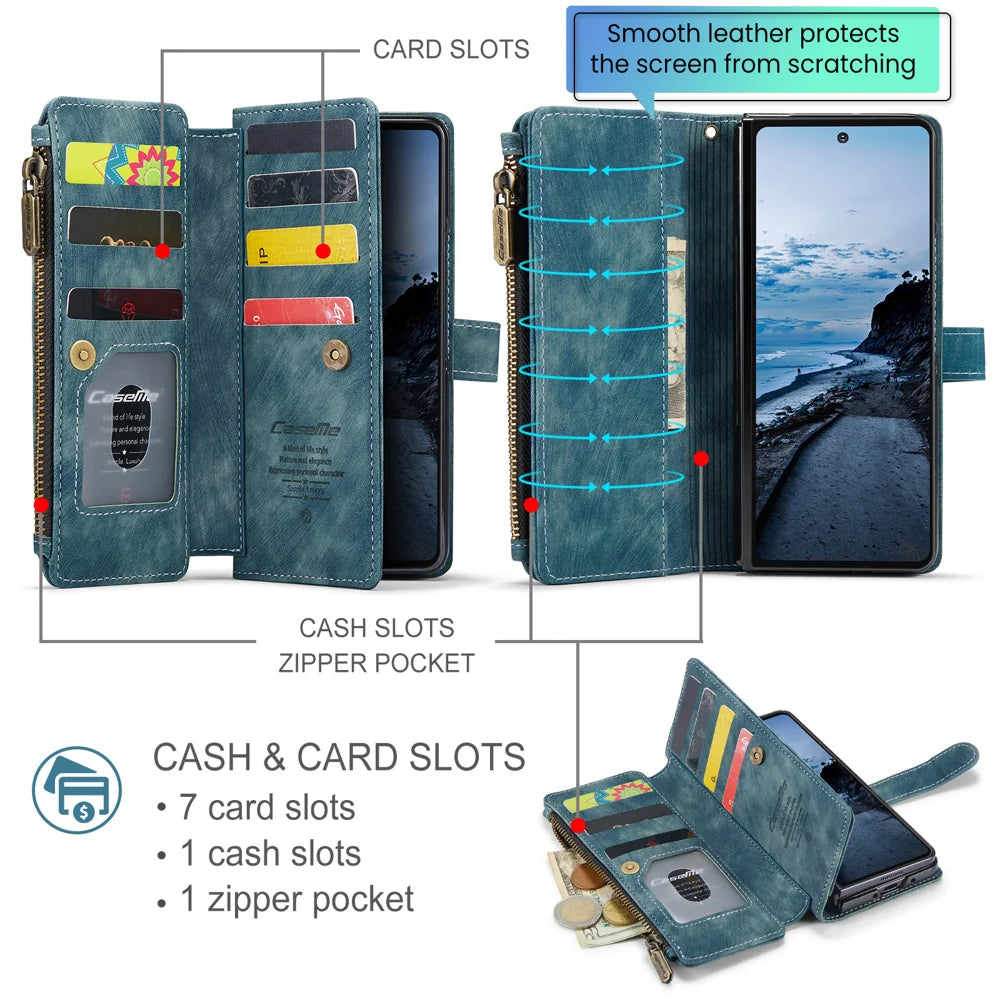 CASEME for Samsung Galaxy Z Fold8 Ultra C30 Phone Cases with Strap Zipper Multiple Card Holder PU Leather Cover - Blue - 3