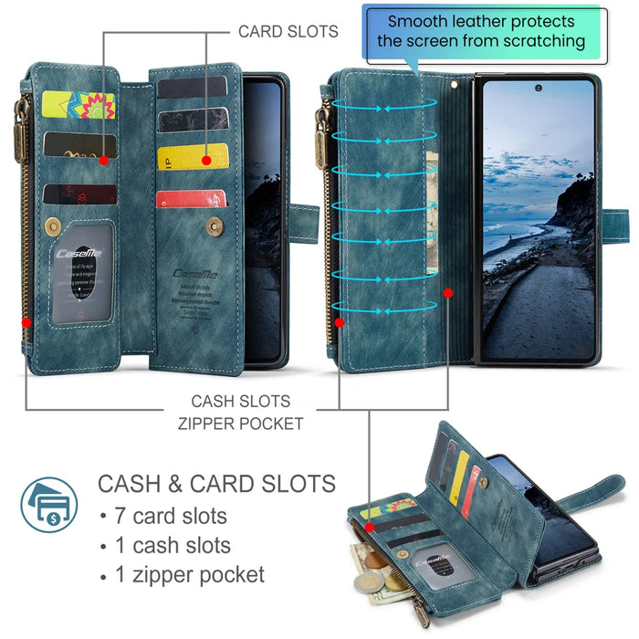 CASEME for Samsung Galaxy Z Fold8 Ultra C30 Phone Cases with Strap Zipper Multiple Card Holder PU Leather Cover - Blue - 3