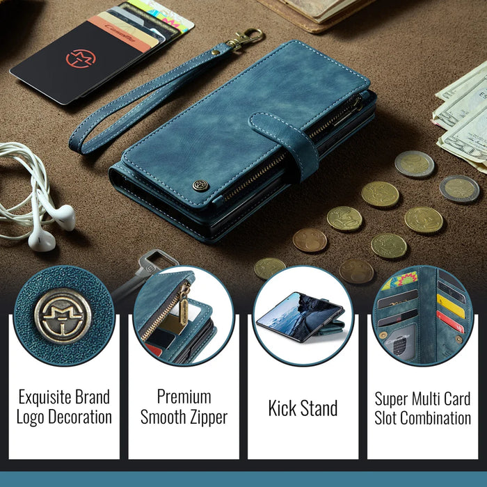 CASEME for Samsung Galaxy Z Fold8 Ultra C30 Phone Cases with Strap Zipper Multiple Card Holder PU Leather Cover - Blue - 5