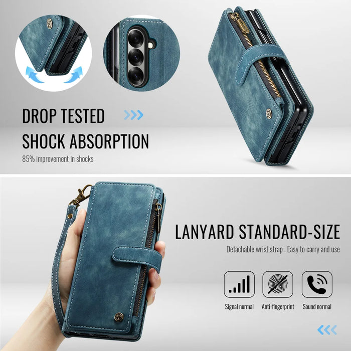 CASEME for Samsung Galaxy Z Fold8 Ultra C30 Phone Cases with Strap Zipper Multiple Card Holder PU Leather Cover - Blue - 6