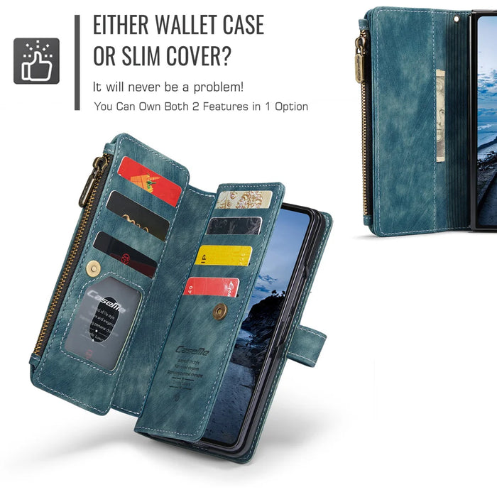 CASEME for Samsung Galaxy Z Fold8 Ultra C30 Phone Cases with Strap Zipper Multiple Card Holder PU Leather Cover - Blue - 7
