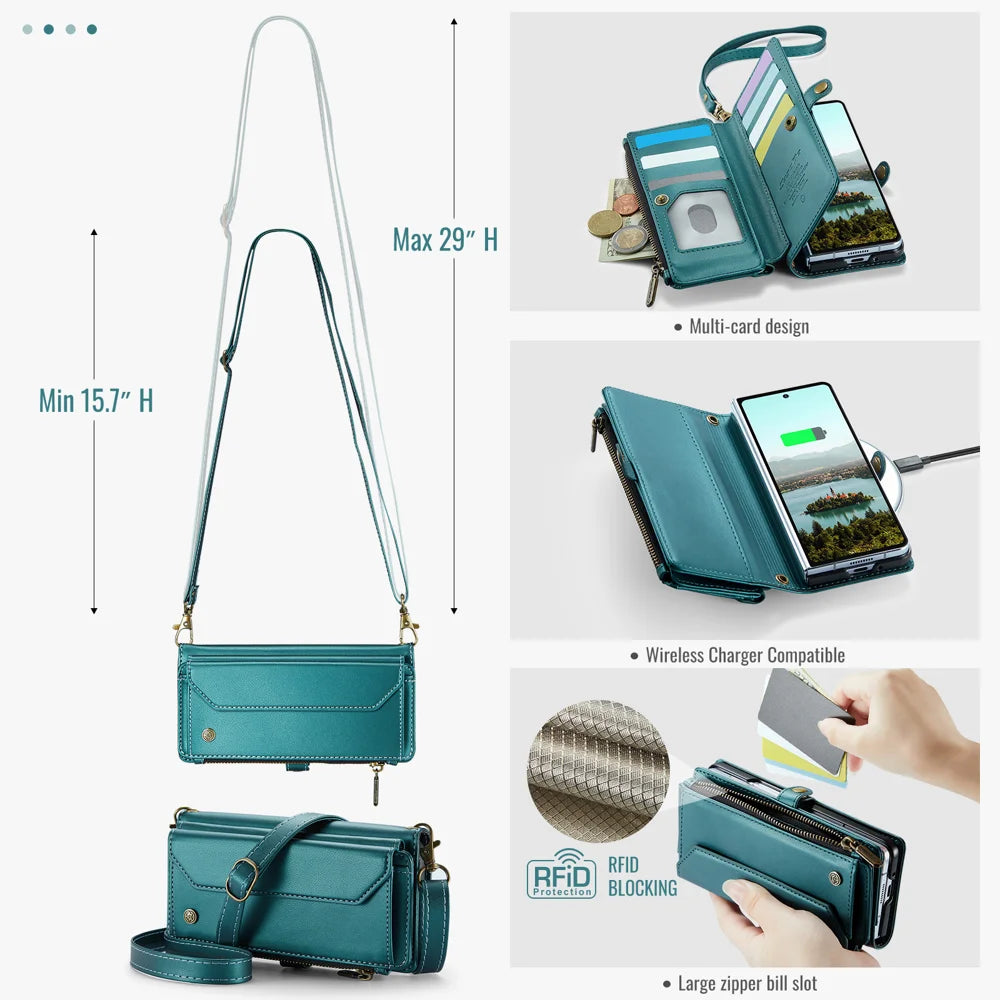 CASEME for Samsung Galaxy Z Fold8 Ultra Case  C36 Series Zipper Wallet Leather Phone Cover with Straps - Green - 3