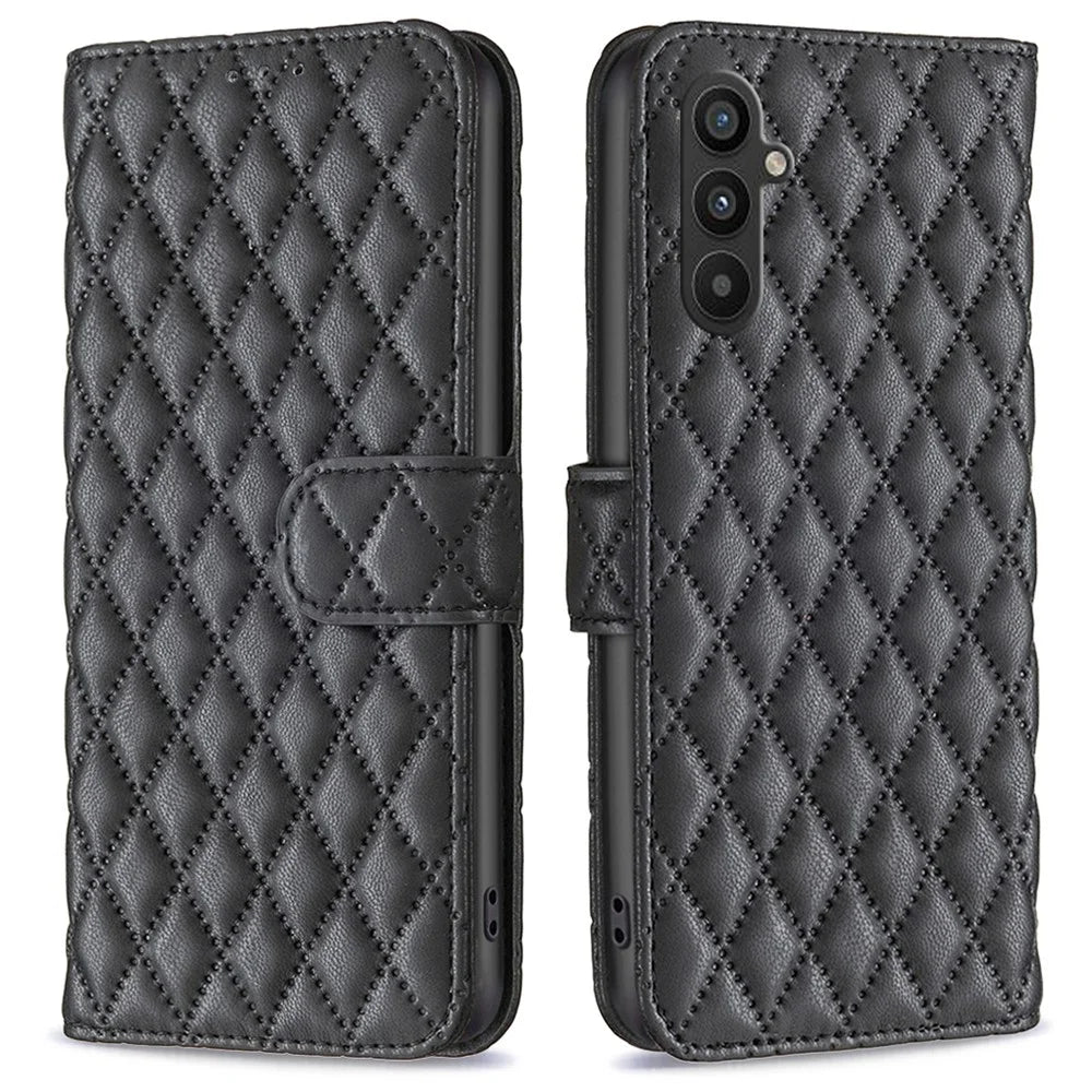 BINFEN COLOR BF Style-14 For Samsung Galaxy A34 5G Imprinted Rhombus Pattern Wallet Phone Case PU Leather Stand Magnetic Closure Flip Folio Cover - Black - 1