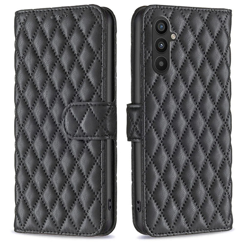 BINFEN COLOR BF Style-14 For Samsung Galaxy A34 5G Imprinted Rhombus Pattern Wallet Phone Case PU Leather Stand Magnetic Closure Flip Folio Cover - Black - 1