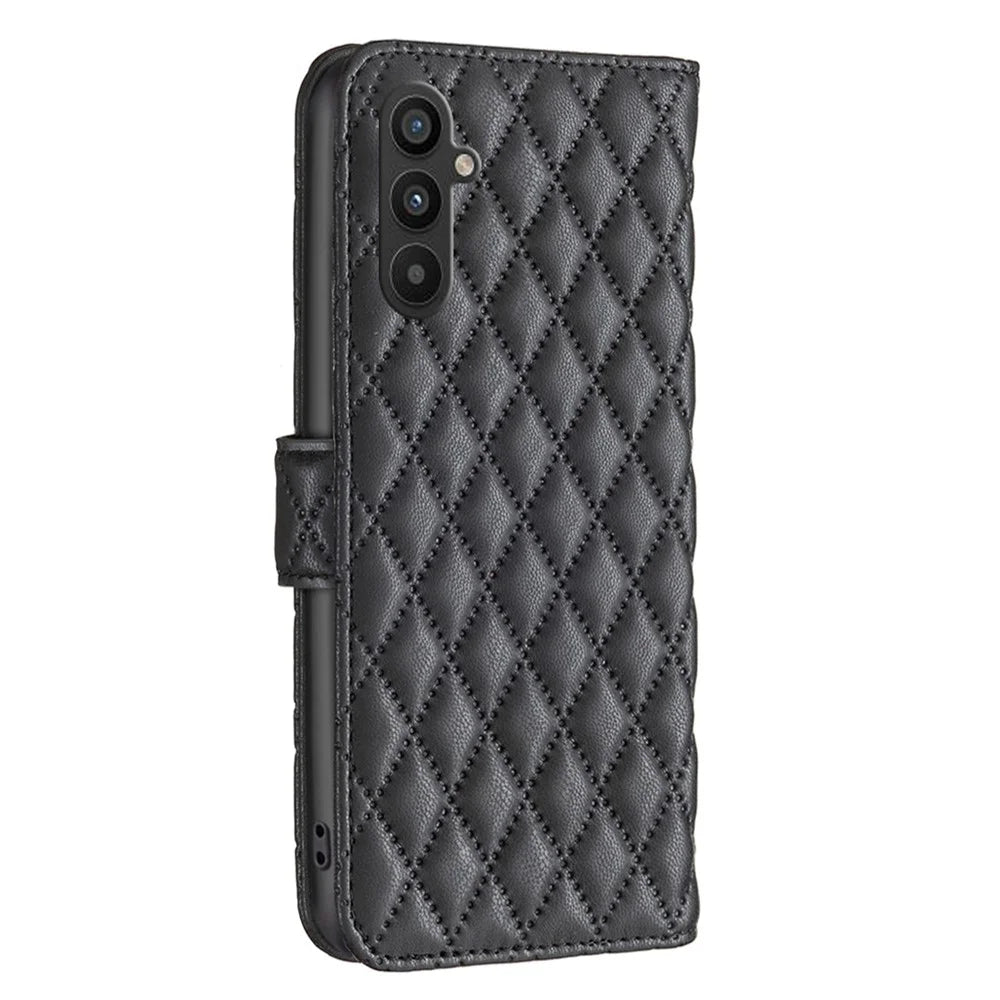 BINFEN COLOR BF Style-14 For Samsung Galaxy A34 5G Imprinted Rhombus Pattern Wallet Phone Case PU Leather Stand Magnetic Closure Flip Folio Cover - Black - 7