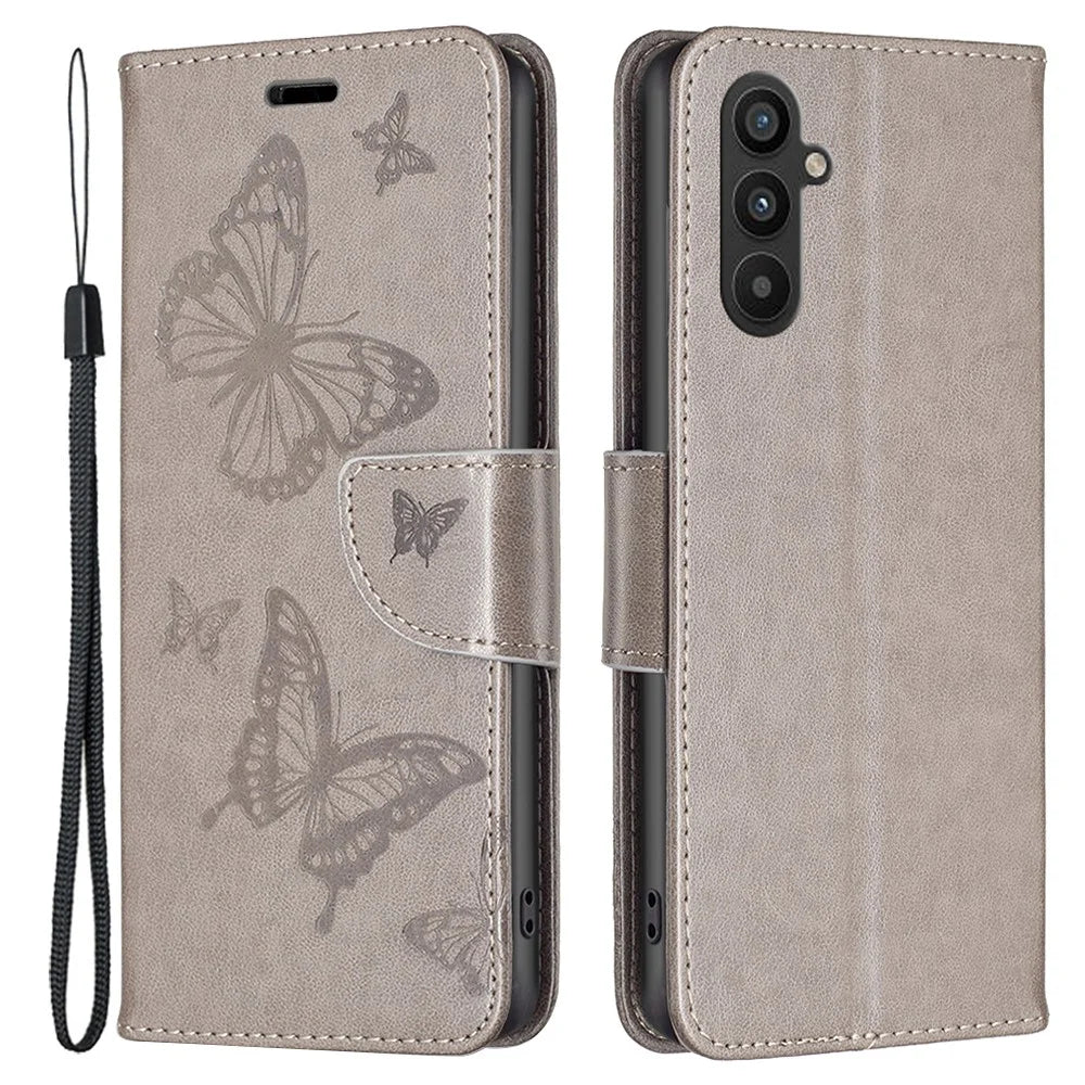 For Samsung Galaxy A34 5G Wallet Case Imprinted Butterflies Leather Phone Cover with Strap - Grey - 1