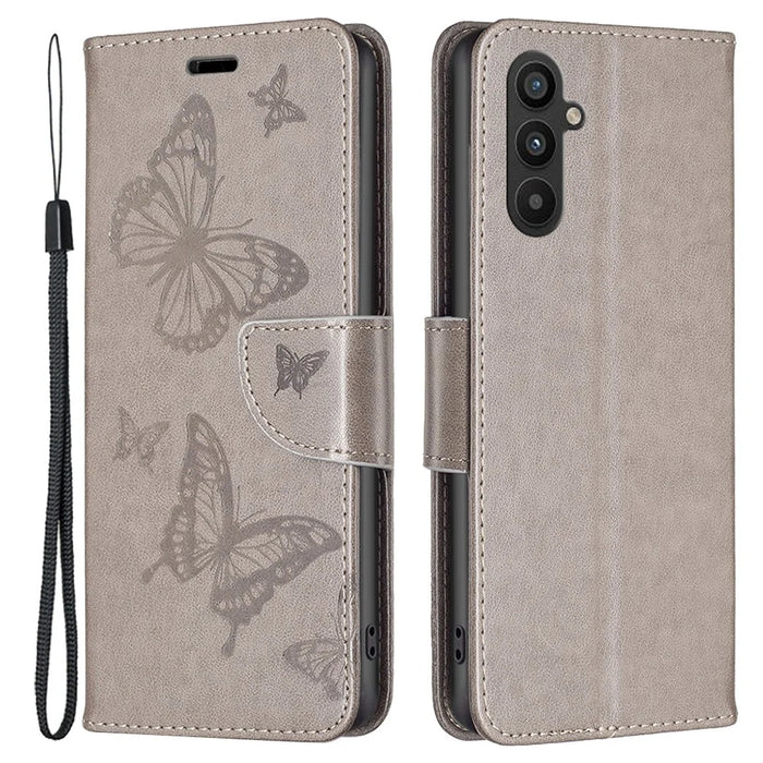 For Samsung Galaxy A34 5G Wallet Case Imprinted Butterflies Leather Phone Cover with Strap - Grey - 1