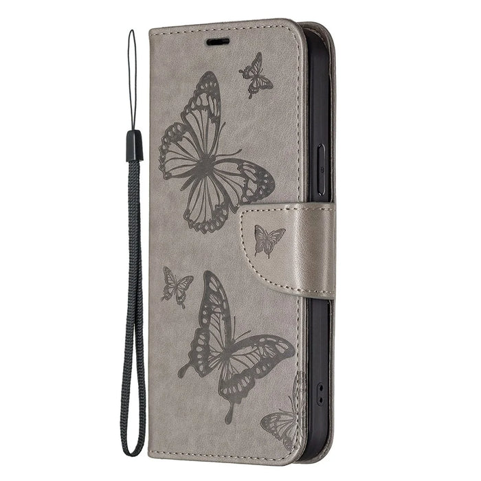 For Samsung Galaxy A34 5G Wallet Case Imprinted Butterflies Leather Phone Cover with Strap - Grey - 5