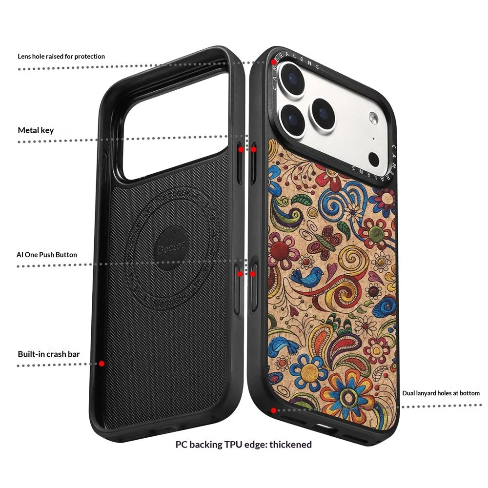 DENIOR A28 for iPhone 17 Pro Magnetic Case Floral Embroidery Leather + PC + TPU Phone Cover - Khaki - 4