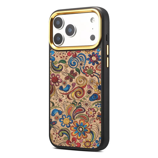 DENIOR A28+1 For iPhone 17 Pro Magnetic Case with Golden Lens Frame Floral Embroidery Leather Back Phone Cover - Khaki - 1