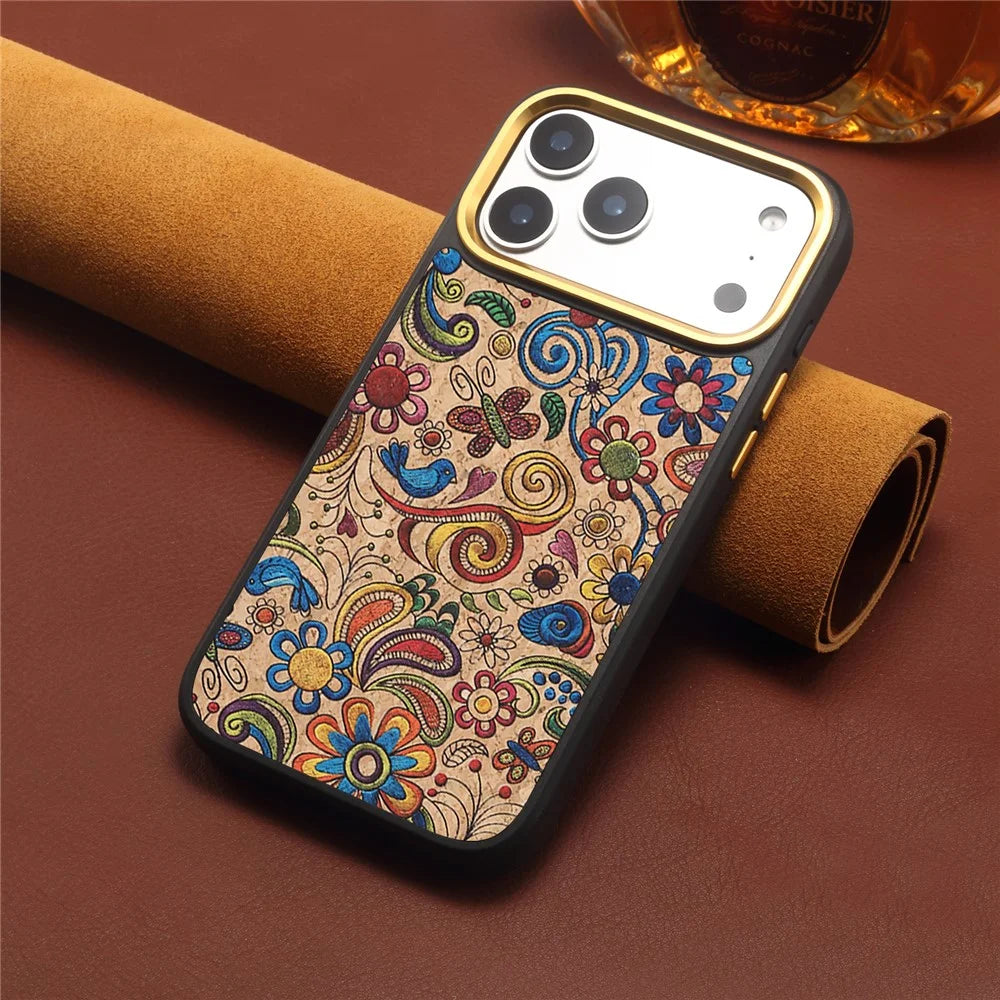DENIOR A28+1 For iPhone 17 Pro Magnetic Case with Golden Lens Frame Floral Embroidery Leather Back Phone Cover - Khaki - 7