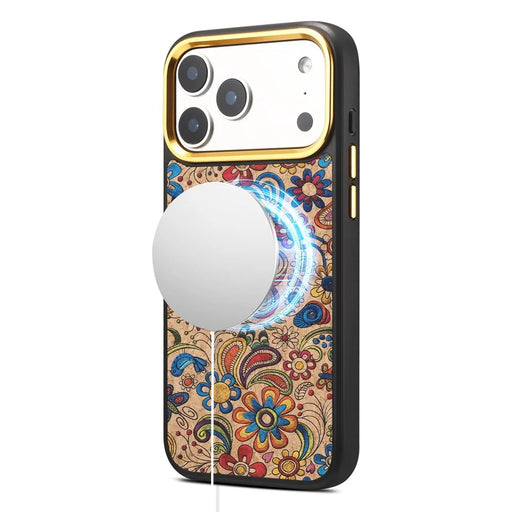 DENIOR A28+1 For iPhone 17 Pro Max Magnetic Case with Golden Lens Frame Floral Embroidery Leather Back Phone Cover - Khaki - 2