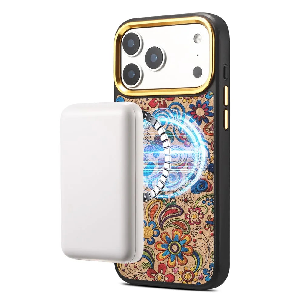 DENIOR A28+1 For iPhone 17 Pro Max Magnetic Case with Golden Lens Frame Floral Embroidery Leather Back Phone Cover - Khaki - 3