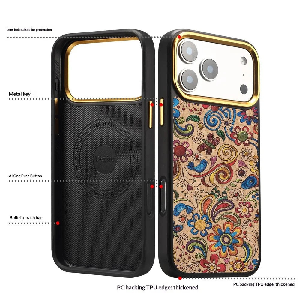 DENIOR A28+1 For iPhone 17 Pro Max Magnetic Case with Golden Lens Frame Floral Embroidery Leather Back Phone Cover - Khaki - 4