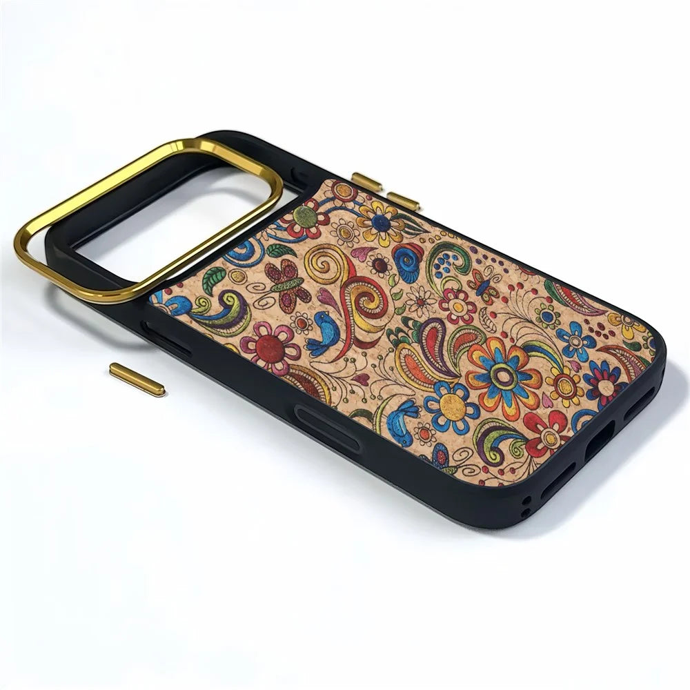 DENIOR A28+1 For iPhone 17 Pro Max Magnetic Case with Golden Lens Frame Floral Embroidery Leather Back Phone Cover - Khaki - 5