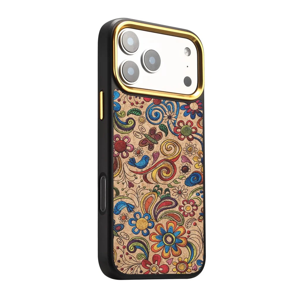 DENIOR A28+1 For iPhone 17 Pro Max Magnetic Case with Golden Lens Frame Floral Embroidery Leather Back Phone Cover - Khaki - 6