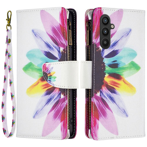 For Samsung Galaxy A34 5G Leather Case with Strap Pattern Printing Zipper Wallet Phone Stand Cover - Sunflower - 1