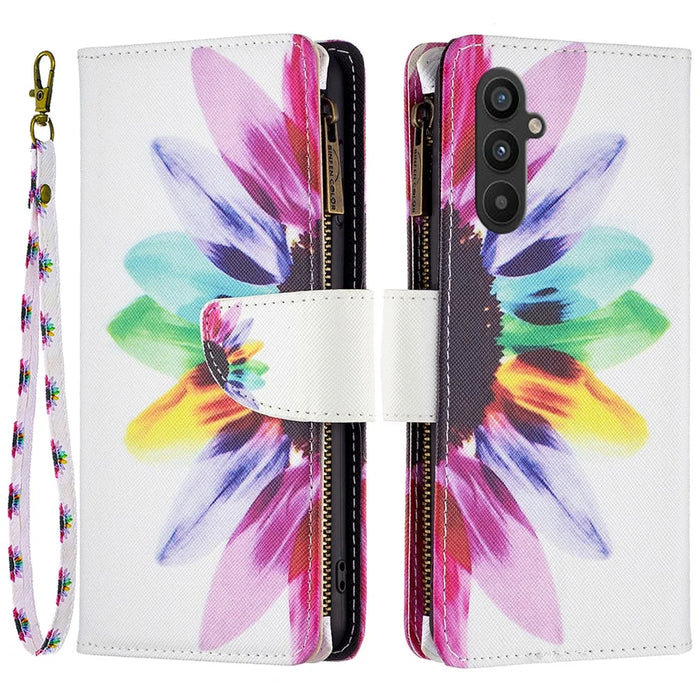 For Samsung Galaxy A34 5G Leather Case with Strap Pattern Printing Zipper Wallet Phone Stand Cover - Sunflower - 1