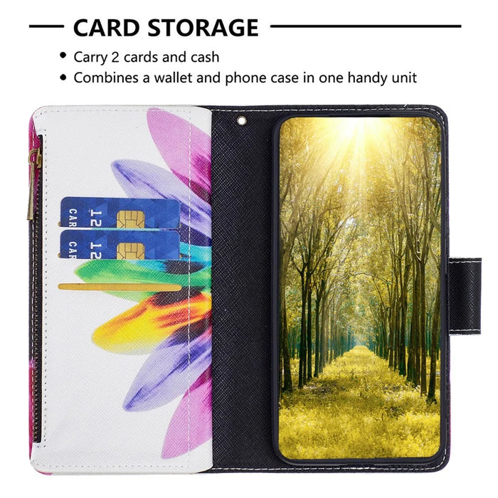 For Samsung Galaxy A34 5G Leather Case with Strap Pattern Printing Zipper Wallet Phone Stand Cover - Sunflower - 3