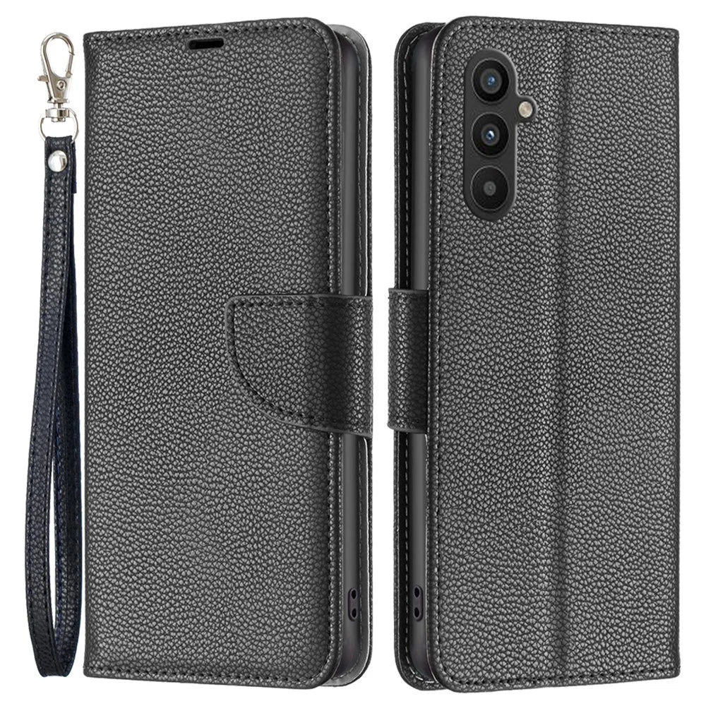 For Samsung Galaxy A34 5G Wallet Case Litchi Texture Flip Leather Mobile Cover Stand with Strap - Black - 1