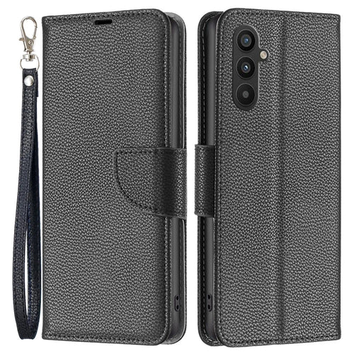 For Samsung Galaxy A34 5G Wallet Case Litchi Texture Flip Leather Mobile Cover Stand with Strap - Black - 1