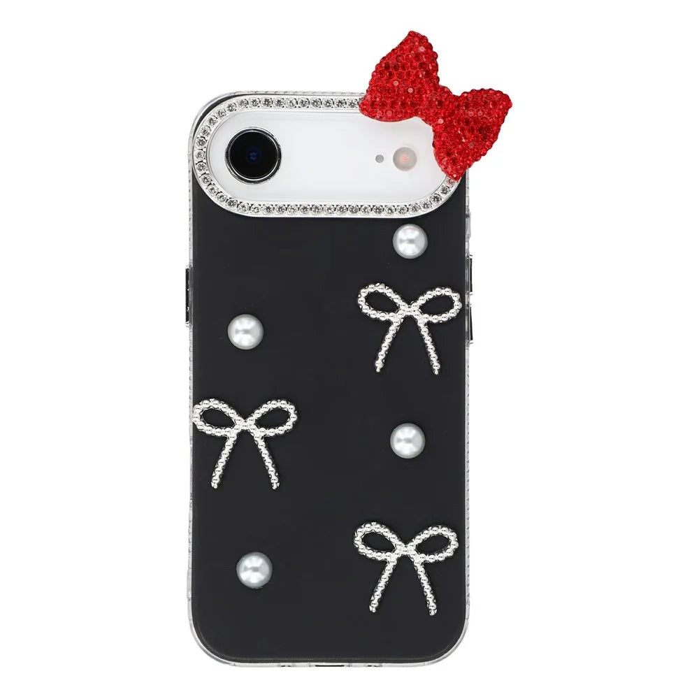 For iPhone Air Case Pearl Bow Decor PC + TPU IMD Phone Cover with Rhinestone Camera Ring - Classic Black - 1