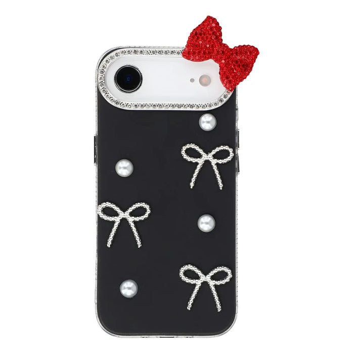 For iPhone Air Case Pearl Bow Decor PC + TPU IMD Phone Cover with Rhinestone Camera Ring - Classic Black - 1