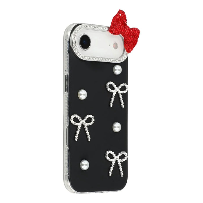 For iPhone Air Case Pearl Bow Decor PC + TPU IMD Phone Cover with Rhinestone Camera Ring - Classic Black - 2