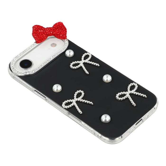 For iPhone Air Case Pearl Bow Decor PC + TPU IMD Phone Cover with Rhinestone Camera Ring - Classic Black - 3